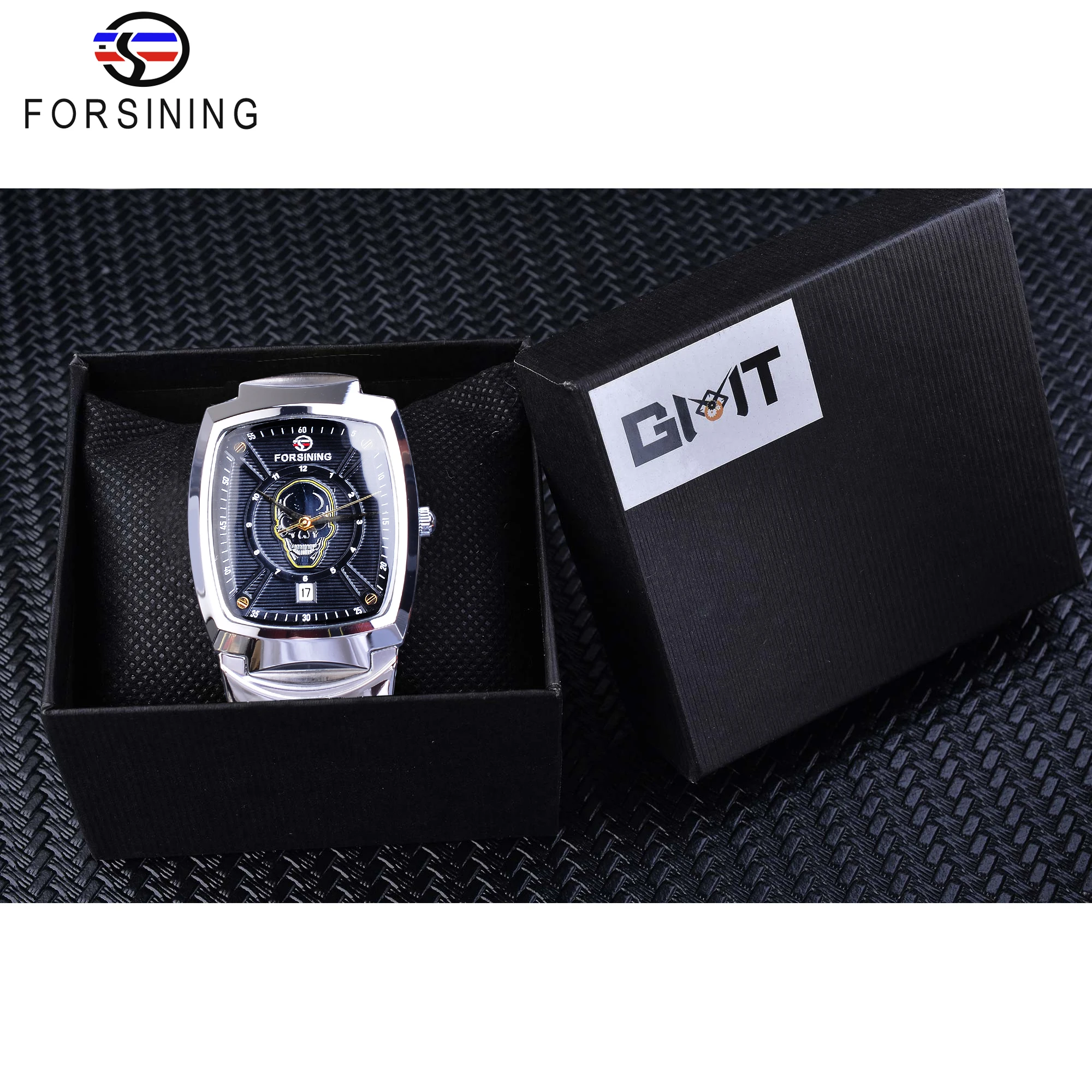 Forsining Лидер продаж бизнес часы 3D вырезка Призрак Череп прямоугольник Дата нержавеющая сталь Группа Кварцевые Мужские наручные часы для мужчин