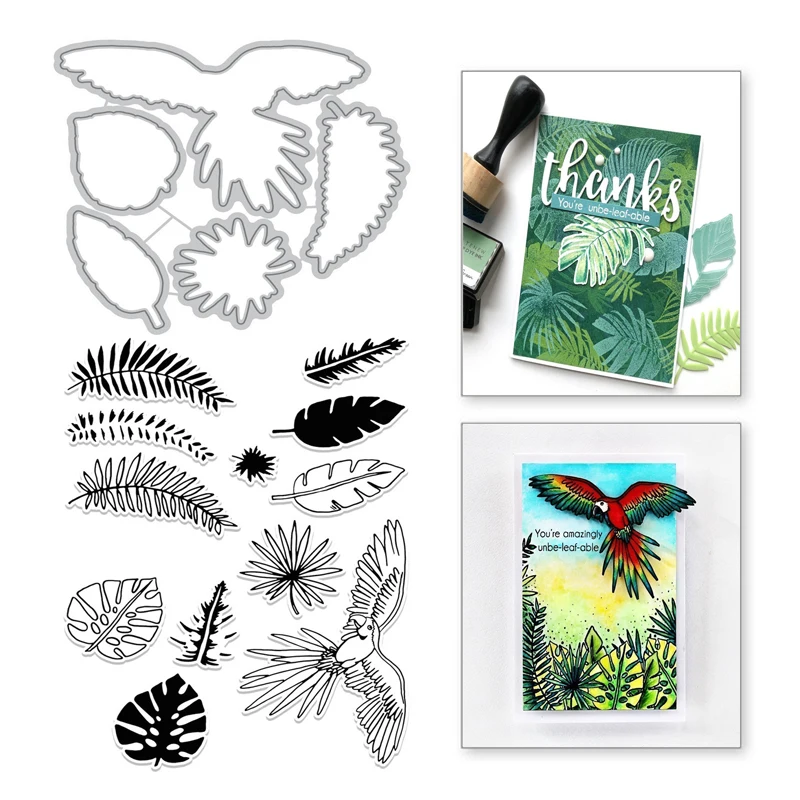 

YaMinSanNiO Leaf Parrot Metal Cutting Dies and Clear Stamps Scrapbooking Die Cuts For Making Card Embossing Craft Stitch Stencil