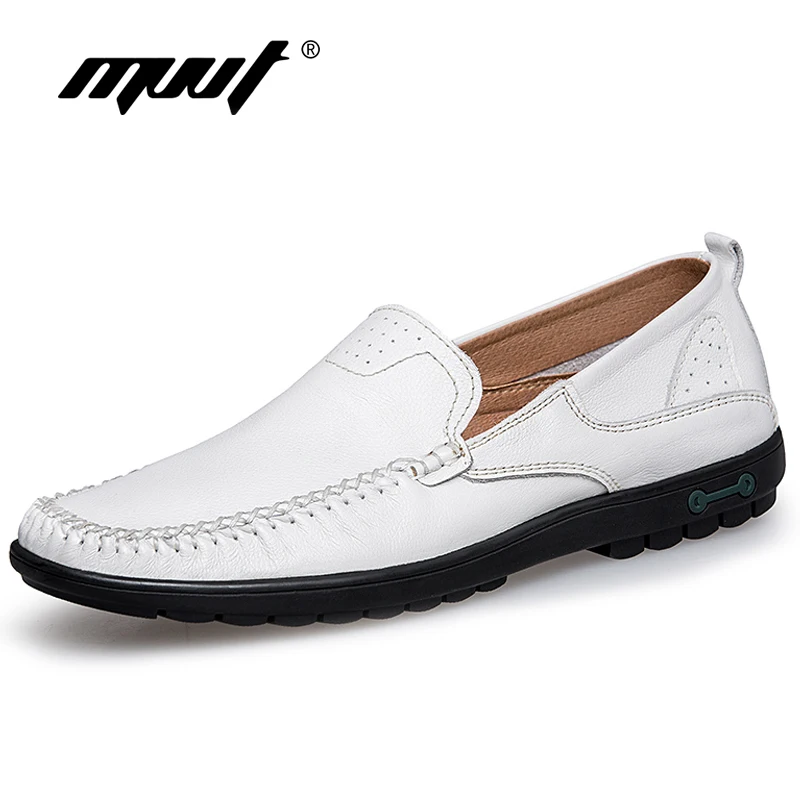 MVVT Brand Genuine Leather Shoes Men's Loafers Light Weight Casual Shoes Men Plus Size Men Flats Driving shoes White