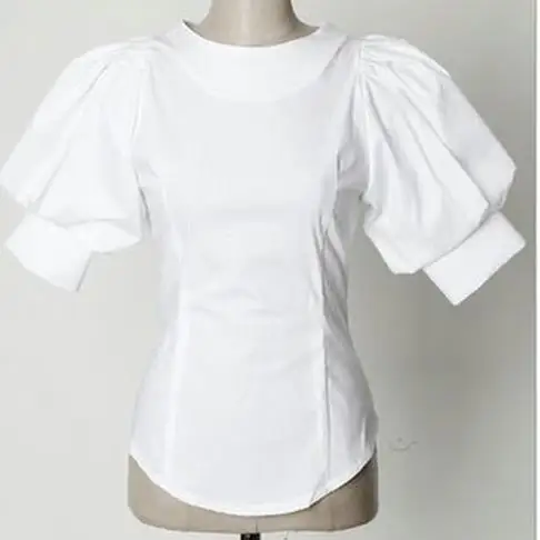 Новинка, женская рубашка с круглым вырезом и рукавом-фонариком, женская летняя рубашка с коротким рукавом, белая хлопковая рубашка с пузырями для женщин - Цвет: Белый