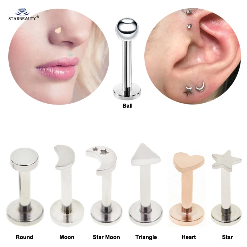 

2 pcs 6/8mm Ball Heart Star Moon Tragus Piercing Helix Piercing Oreja Labret Lip Piercing Nose Ring Cartilage Earrings Pircing