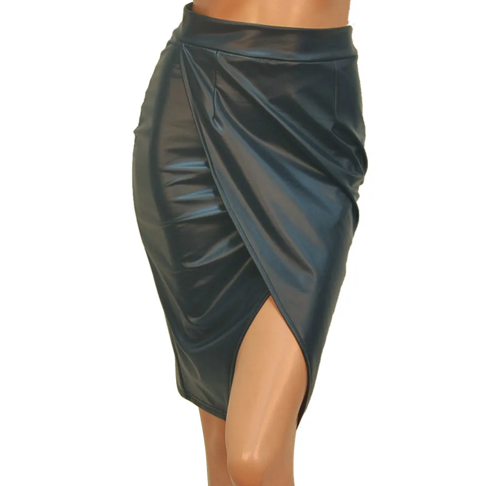 New Arrival Sexy Women PU Leather Skirts Knee length Fashion High Waist Slim Party Pencil Skirt