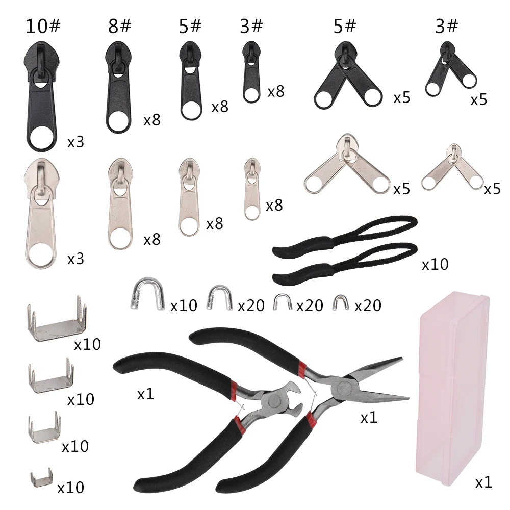 197 шт. Набор для ремонта на молнии, ползунки на молнии, плоскогубцы для установки, сумка для палатки, одежды на молнии, сменные инструменты для мгновенного ремонта
