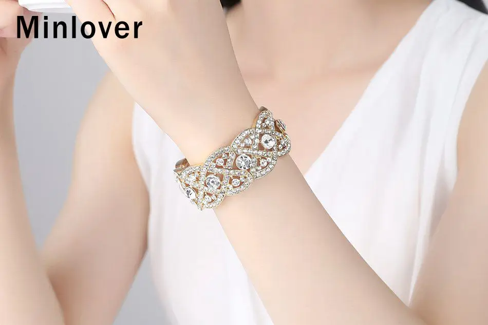 Minlover Gold Color Crystal Big Bangles for Women Luxury Flower Rhinestone Bridal Bracelet Wedding Jewelry Accessories SL053