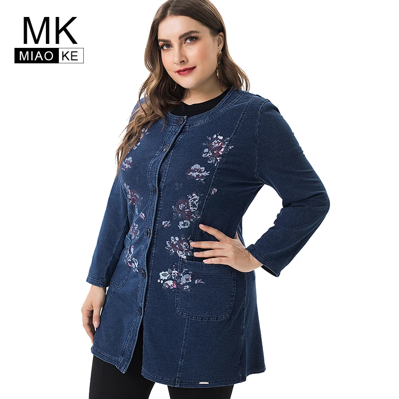 

Miaoke 2019 Spring Ladies Plus Size Print denim coats and jackets Mom Clothing Fashion Womens large Size female jean jacket