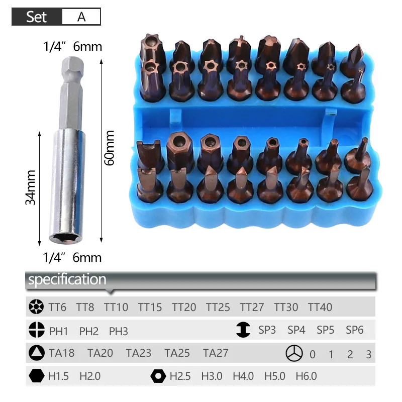 33 шт. Набор отверток S2 сталь 25 мм Набор отверток Torx Phillips шестигранные наконечники отвертки с 1/4 магнитным держателем для бит - Цвет: A