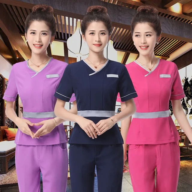 

Women's Fashion Scrub Set Beautician Uniforms / Spa Tunic/ Mock Wrap Top + Pants Slim Fitting Style