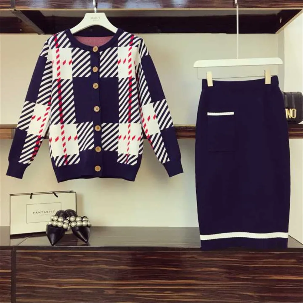 Cardigan Taille Tricot 2018 Rayée Col Kaki En Rond Deux Loisirs Hiver Tenues Femmes Automne Haute bleu Pièces Tricoté Unique Poitrine Jupe 8xqfvzgx