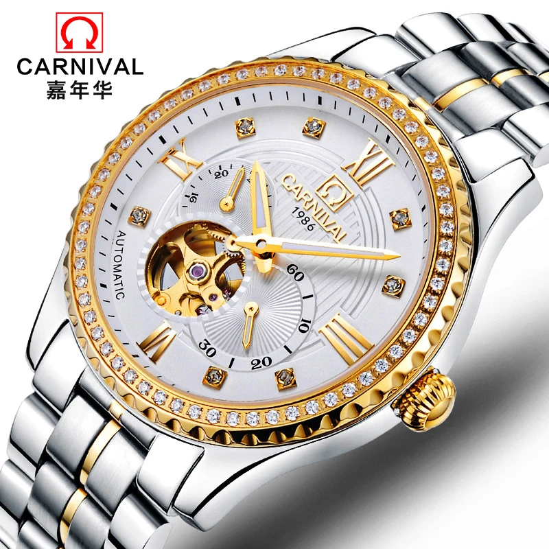 

CARNIVAL New Luxury Dress Men Automatic Mechanical Watches Stainless Steel Waterproof Hollow Diamond Men Wristwatch reloj hombre
