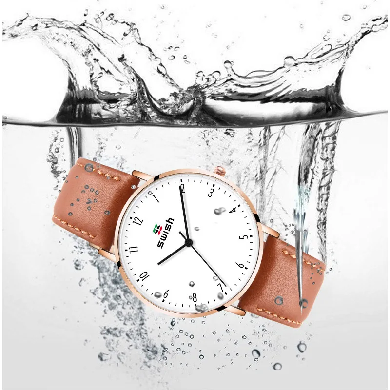 SWISH мужские часы ультра-тонкие часы кожа Нержавеющая сталь кварцевые часы 30 м водонепроницаемый коричневый кожаный ремешок модные часы для женщин
