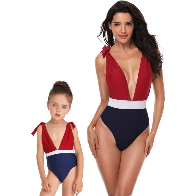 

Family Matching Swimsuit Mother Daughter Kid One piece Bikini Swimwear Backless Beachwear Bathing Suit Patchwork