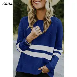 Женский свитер осень зима плюс размер вязаный пуловер с круглым вырезом 2019 Модный Полосатый свитер с длинными рукавами Pull Femme джемпер в