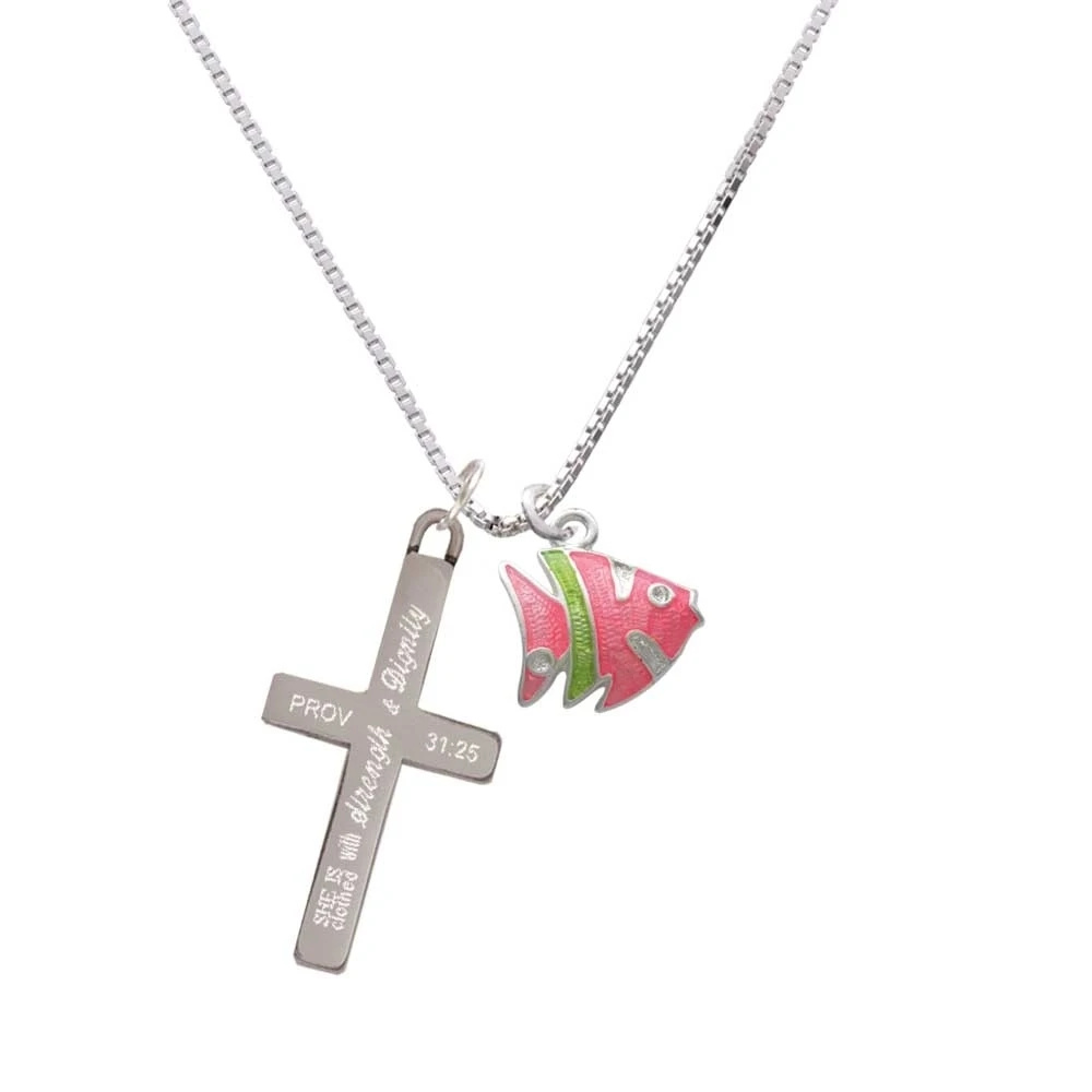 Hot Pink Tropical Fish with Lime Green Stripe - Strength and Dignity - Cross Necklace