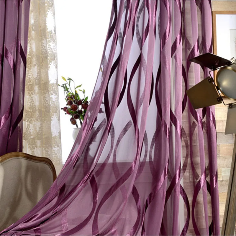 Cortinas de tul a rayas onduladas púrpura para sala de estar brillante revestimiento moderno flocado pura cortina dormitorio gasa ventana tratamientos
