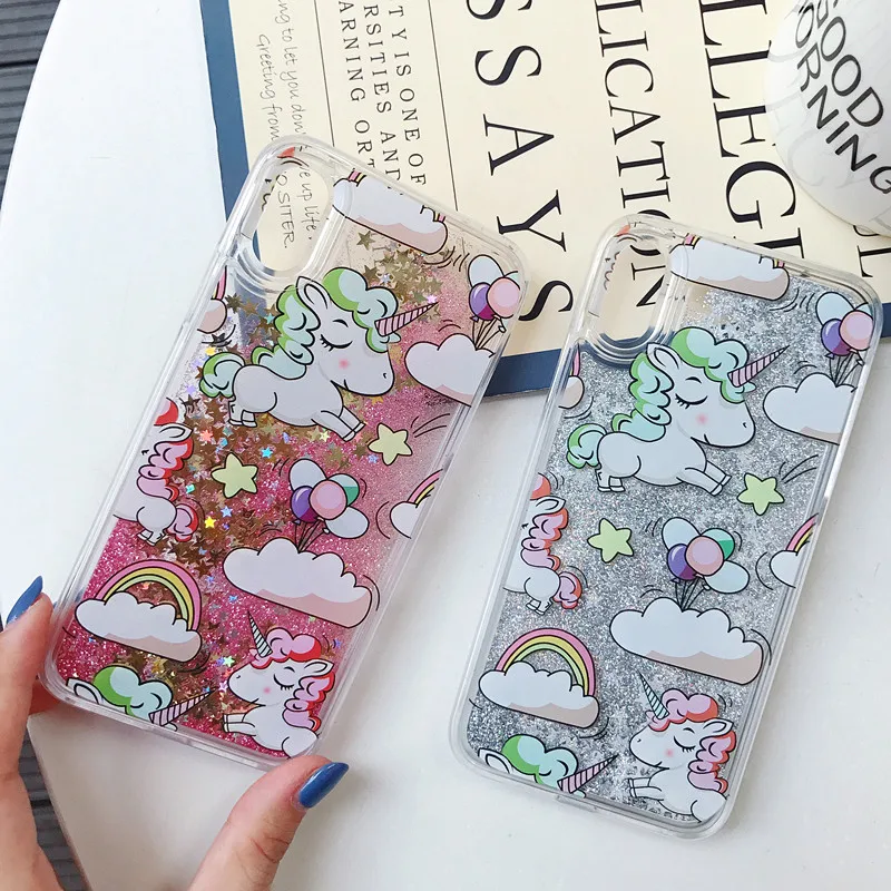 

Cartoon Unicorn Silicone Liquid Stars phone case coque for iphone X XR Xs max 8 7 6 6s plus Luxury Colorful Quicksand back cover