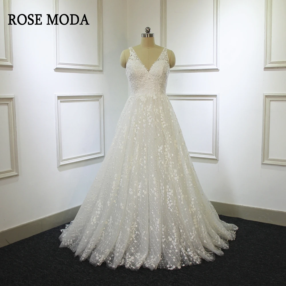 Rose Moda V Neck Lace Wedding Dress 2018 Backless Wedding Dresses