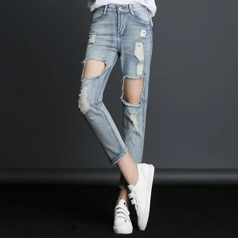 

Spring and summer Big hole Ankle-Length Pants Loose Whitish Do old Burr jeans