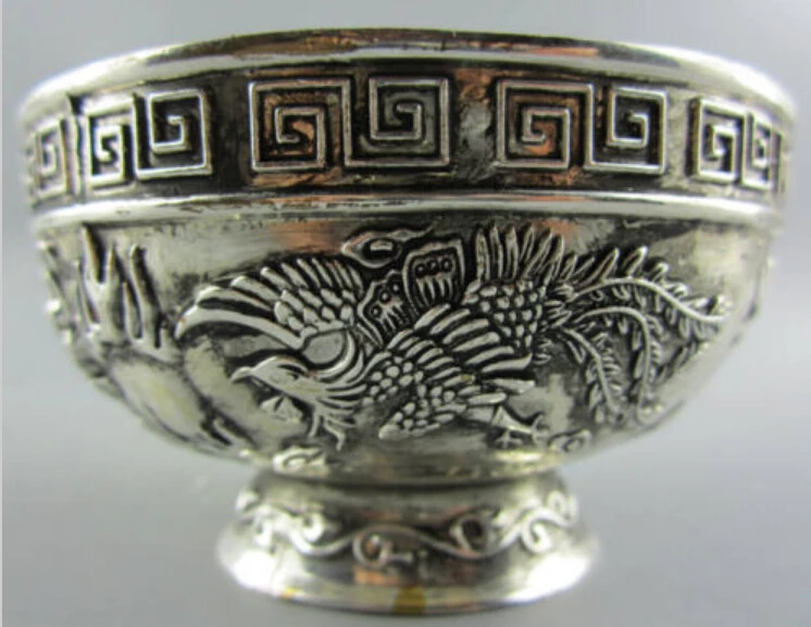 WBY---725+++2pcs Collectible Decorated Old Handwork Tibet Silver Carved Pair Phoenix Bowl Garden Decoration 100% Tibetan | Дом и сад