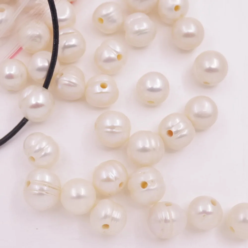 100 PCS 10mm Nearly round Natural White Ringed Pearl Loose Beads 1.5mm Hole