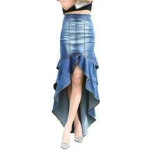 Бренд Весна Лето Мода Тонкий Русалка Стиль Высокая талия длинная джинсовая юбка для женщин оборки ласточкин хвост мыть юбка