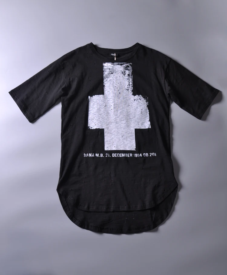 

2019 New list high quality short cross before summer old hole loose short-sleeved tide male hip-hop T-shirt