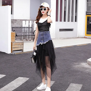 

SexeMara fashion The New splice Mesh A word cowboy asymmetric skirt free shipping