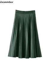 Cocominibox Women’s Spring Summer Vintage Zipper A-Line Faux PU Chiffon Pleated Skirt