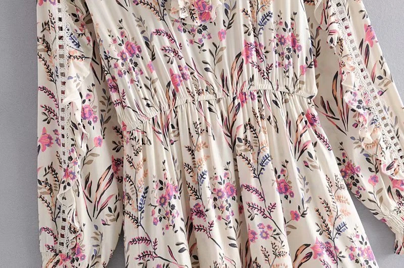 Винтажное шикарное женское платье с цветочным принтом, с рукавом-бабочкой, с кисточками, Пляжное, богемное, с оборками, мини-платье для девушек, v-образный вырез, вискоза, бохо платье