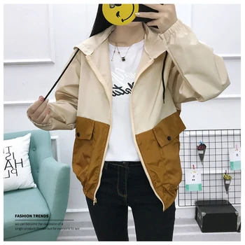 

ROPALIA Spring Autumn Fashion Hooded Coat Patchwork Windbreaker Jacket Zipper Pockets Long Sleeves Cat Printed Jackets Feminino