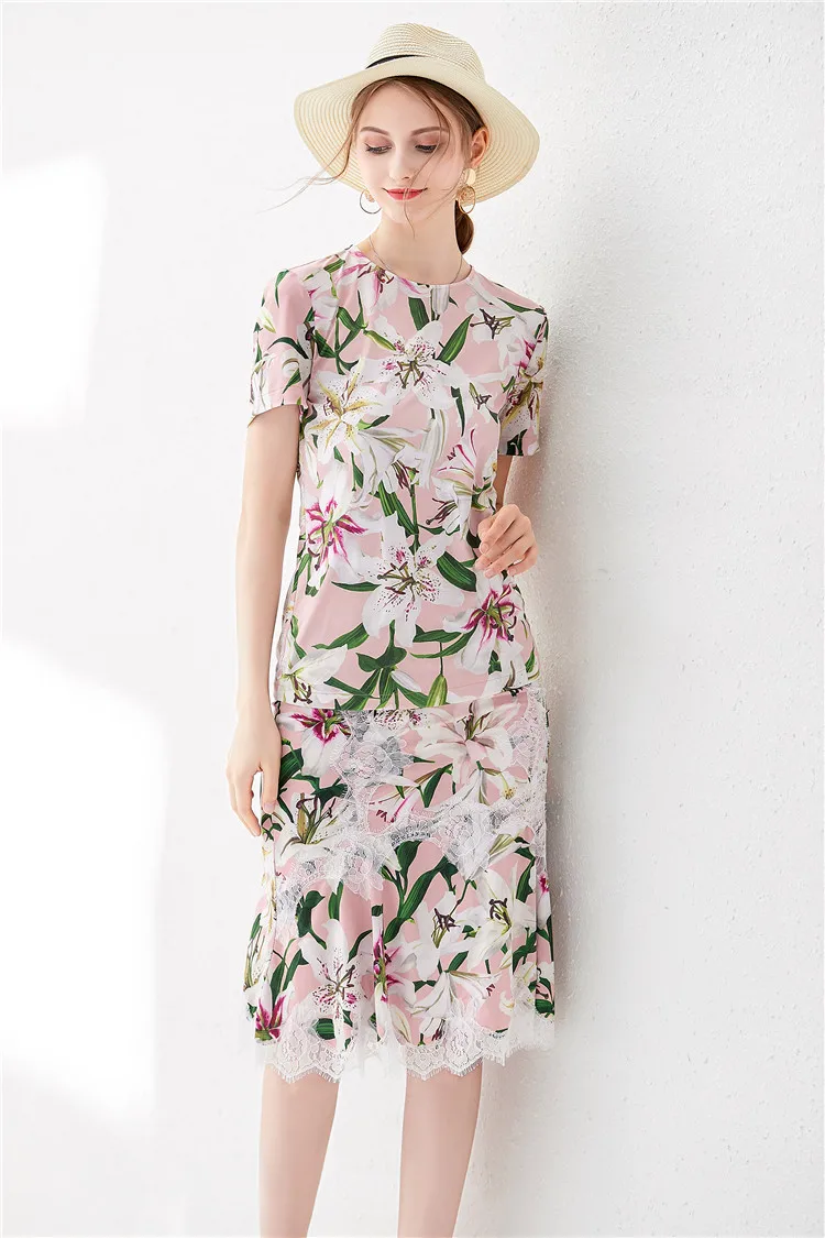 Moonaa liisaa lily print set female summer new wild elastic T-shirt+ lace stitching fishtail bag hip sexy skirt two-piece
