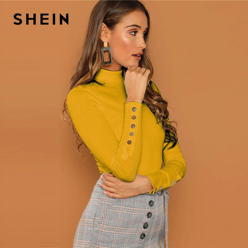 SHEIN Облегающий Топ С Пуговицами Яркая Однотонная Водолазка Отделкой Офисный