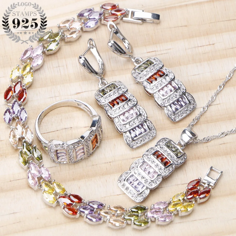 

925 Sterling Silver Zircon Bridal Jewelry Sets For Women Costume Wedding Jewelry Earrings Bracelet Necklace Rings Set Gifts Box
