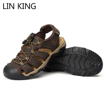 

LIN KING Fashion Big Size Summer Mens Sandals Genuine Leather Gladiator Shoes Male Outdoor Sandals Breathable Man Walking Shoes