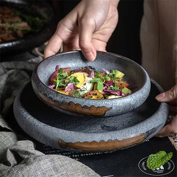 

1 PC Ceramic Kiln Japanese Style Household Dish Rice Bowl Western Food Dish Salad Dinner Plate Tableware