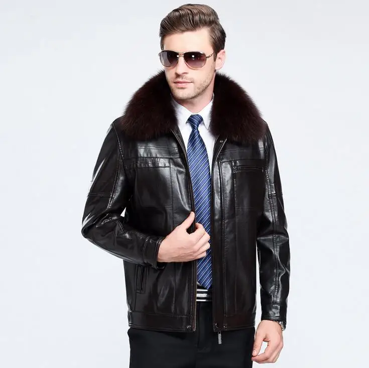 Men Genuine Leather jackets coats Sheep skin men's Winter New Lapel Fox fur collar Business casual leather jacket mens clothes