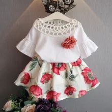 Puseky 2017 Baby Girl Cloth Children’s Clothing Girls Flare Sleeve Hollow-out T-shirt + Flower Skirt Suit Girl Clothing 2-7Y