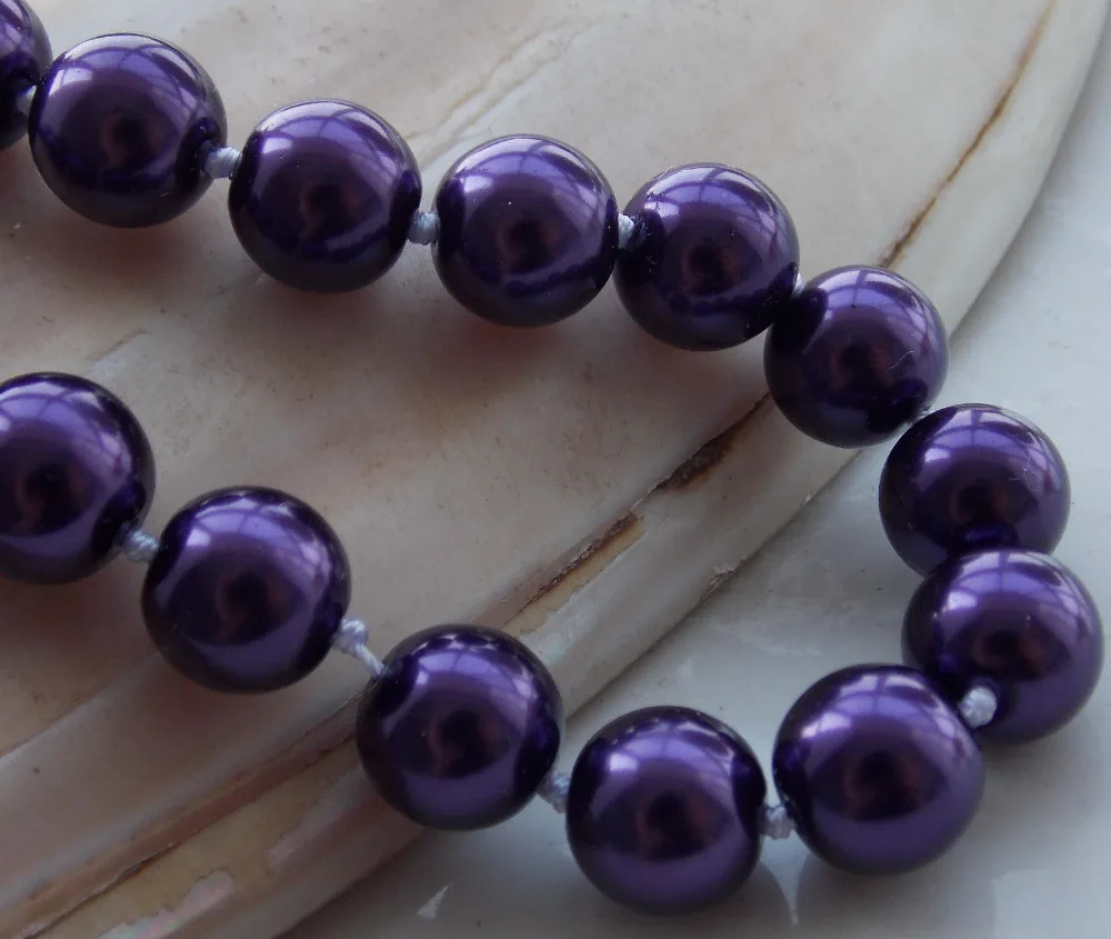 

Free Shipping >>10mm Deep Purple South Sea Shell Pearl Round Beads Necklace 18'' F-31