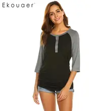 Ekouaer Топы повседневные с круглым вырезом 3/4 рукав пэчворк боковые эластичные рубашки для беременных женщин