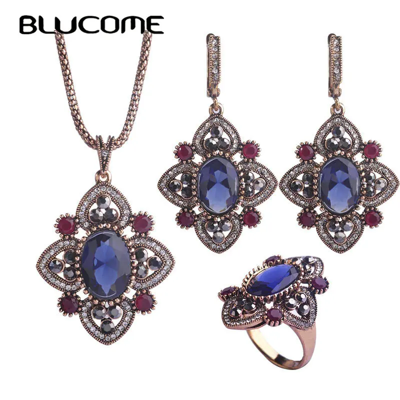 

Blucome New Turkish Style Necklace Earrings Ring Jewelry Set Resin Flower Alloy Accessories Women Lady Party Banquet Decorations