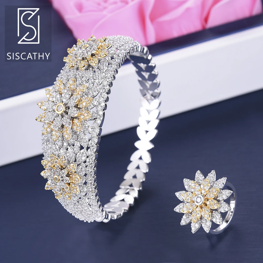 

SISCATHY Fashion Flower Shape Wide Surface Cubic Zirconia Inlaid Dubai Nigerian Bracelet Ring Wedding Engagement Jewelry Set