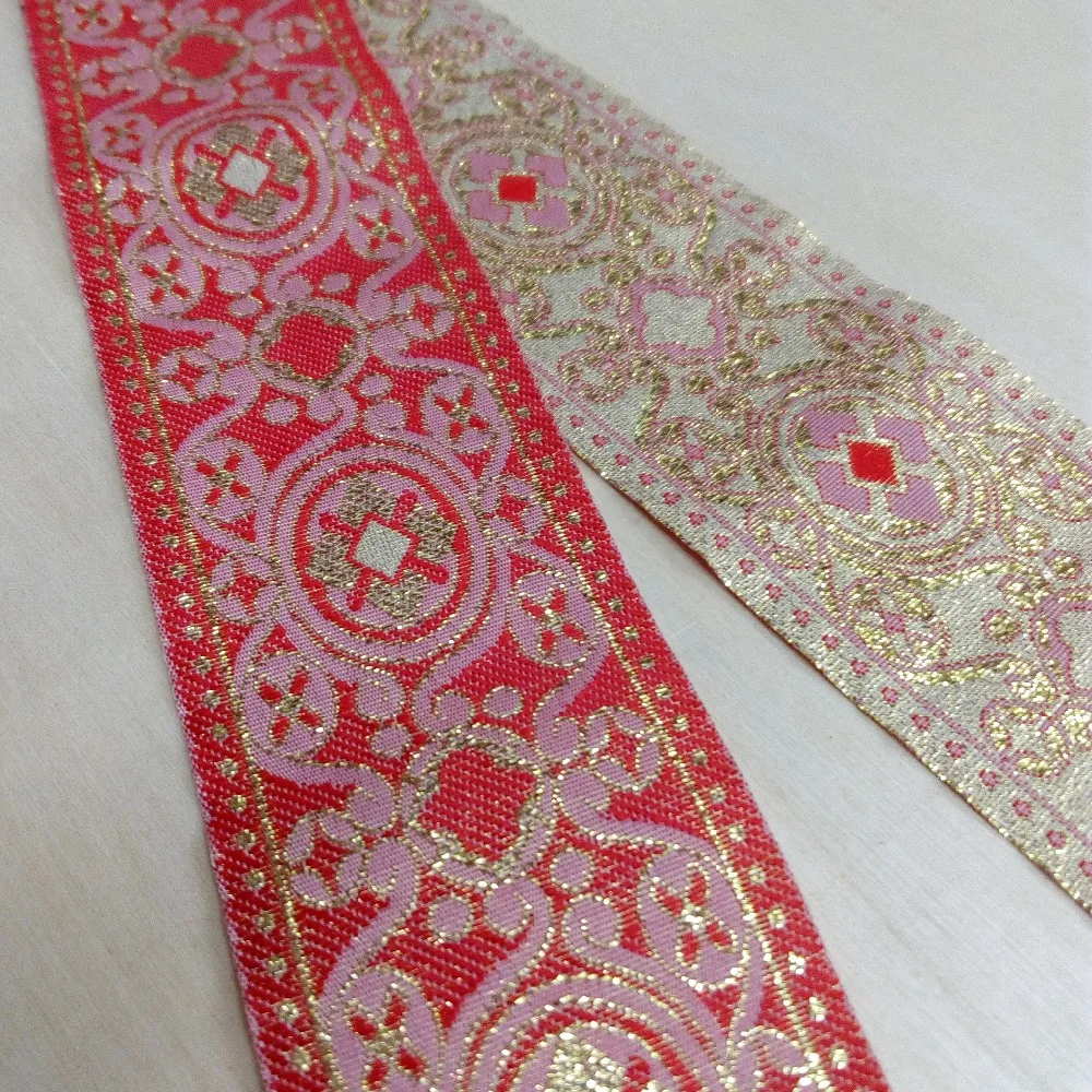 

48mm 4.8cm 1-7/8'' Delicate Watermelon Red Pink Gold Blink Oval Rhombus Webbing Filigree National Woven Jacquard Ribbon Laciness