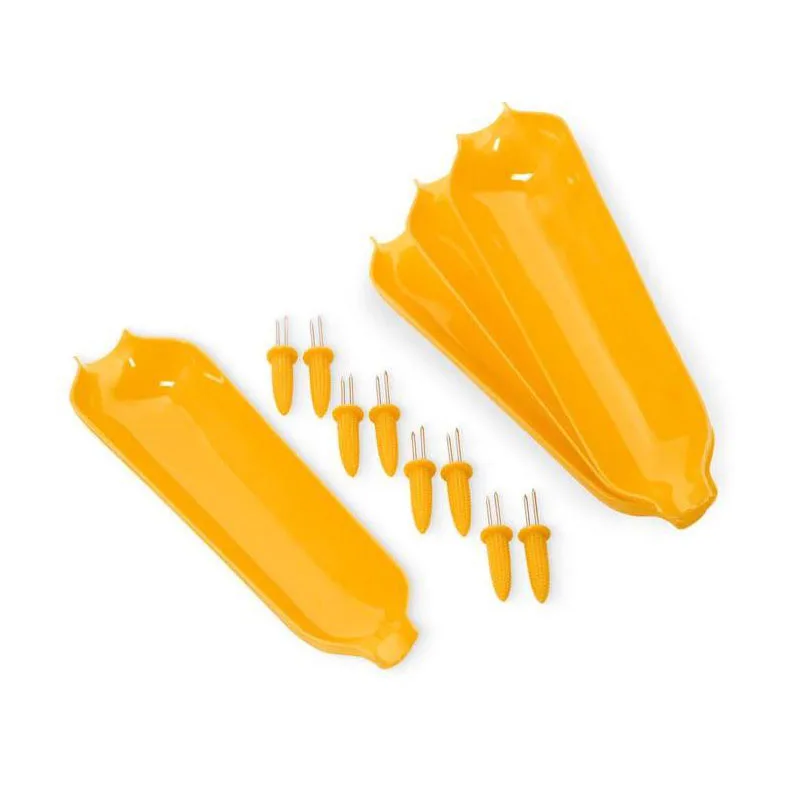 

12pcs Corn On the Cob holders Set BBQ Corn Dish Plate Dessert Fruit Fork Including 4pcs Corn Tray +8pcs Plastic Corn holders set