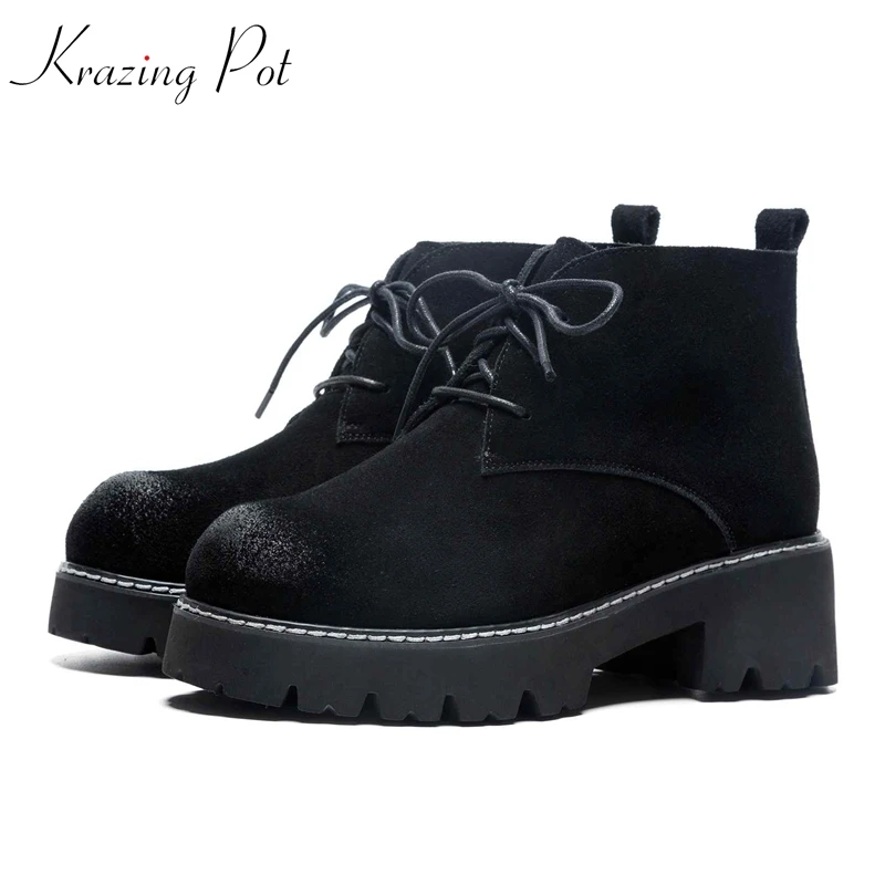 

Krazing Pot new recommend Winter cow suede round toe lace up women ankle boots all-match superstar office lady winter shoes L7f5
