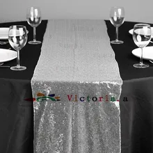 10 Stücke 30 cm x 183 cm (12 ”* 72”) Luxus Silber Pailletten Tischläufer Hochzeit Party Tischdekoration Einfarbig Silber Tischläufer
