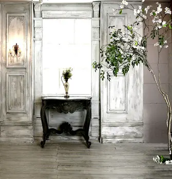 

TR 8x8FT Retro Wooden Wall Bright Window Photo Backdrop Wood Floor Black Table Green Tree Photography Studio Background Backdrop