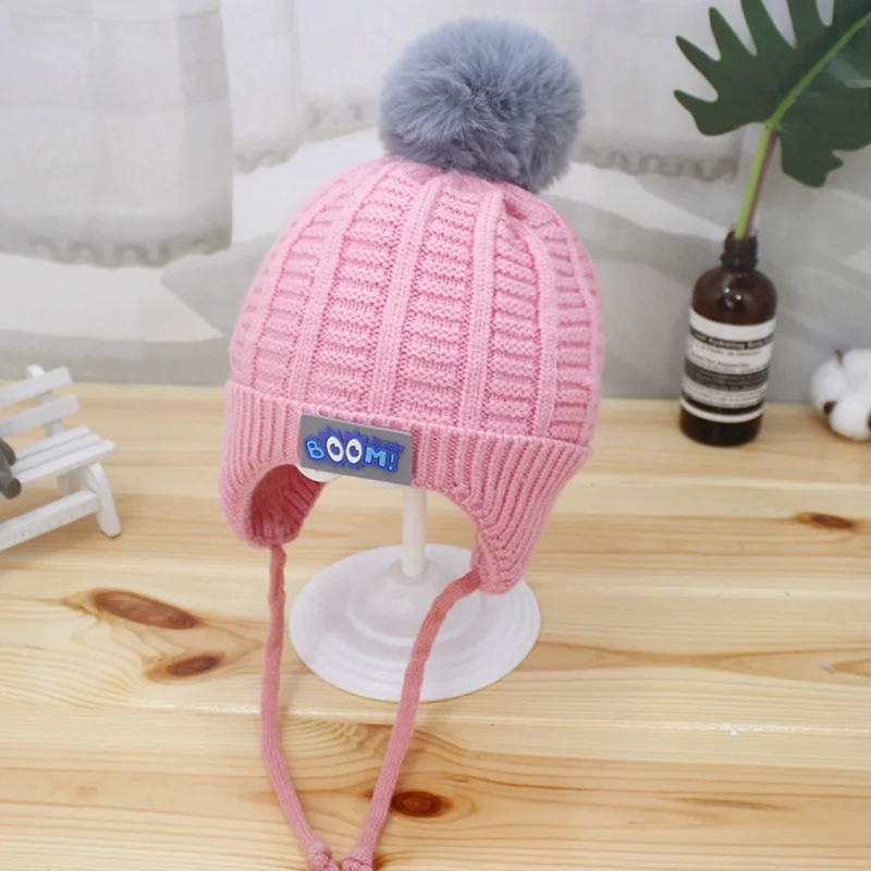 Модная детская зимняя шапка с помпонами для мальчиков и девочек, детская теплая вязаная шапка, шапка для новорожденного, модная Милая шапка для младенцев - Цвет: PINK