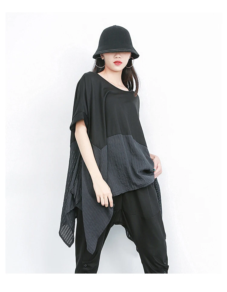 Новинка, корейский стиль, женский длинный черный летний топ в стиле пэчворк, свободная футболка с длинными рукавами, дизайнерские женские повседневные Уникальные футболки J530