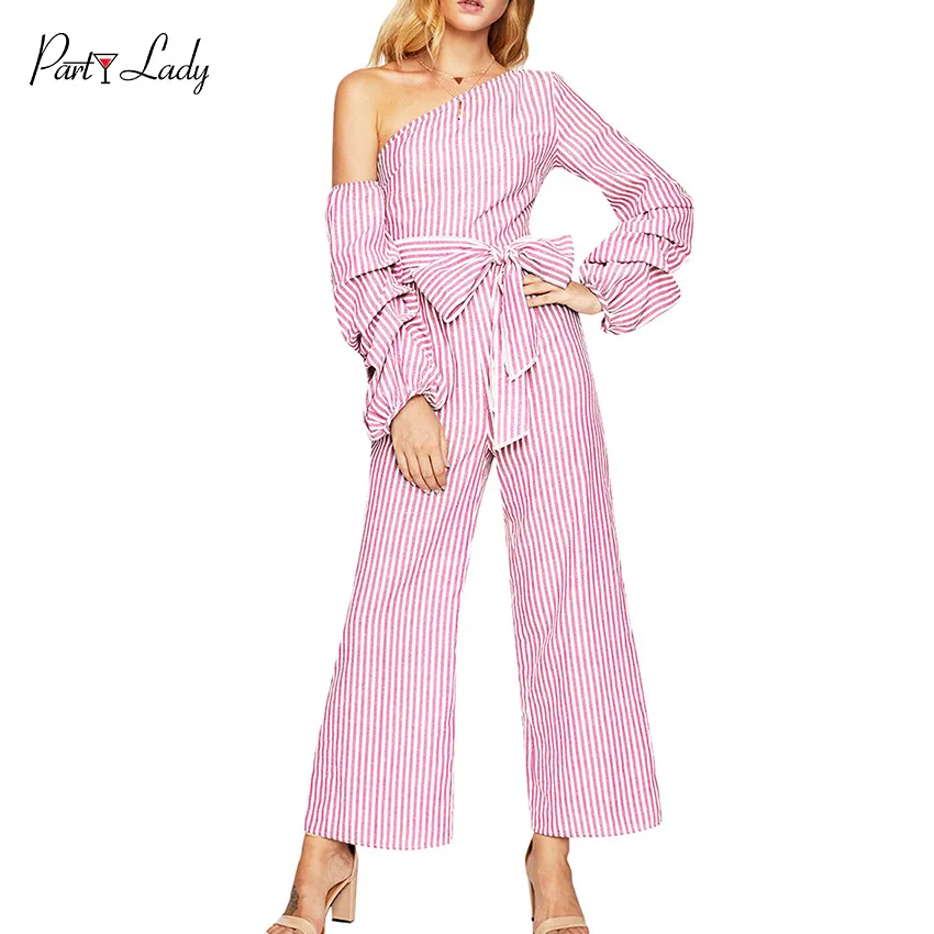 Party Lady 2018 Party Club Jumpsuits For Women Autumn Winter Striped Fashion Rompers Sexy Three-layer Sleeve Girls Jumpsuit -E