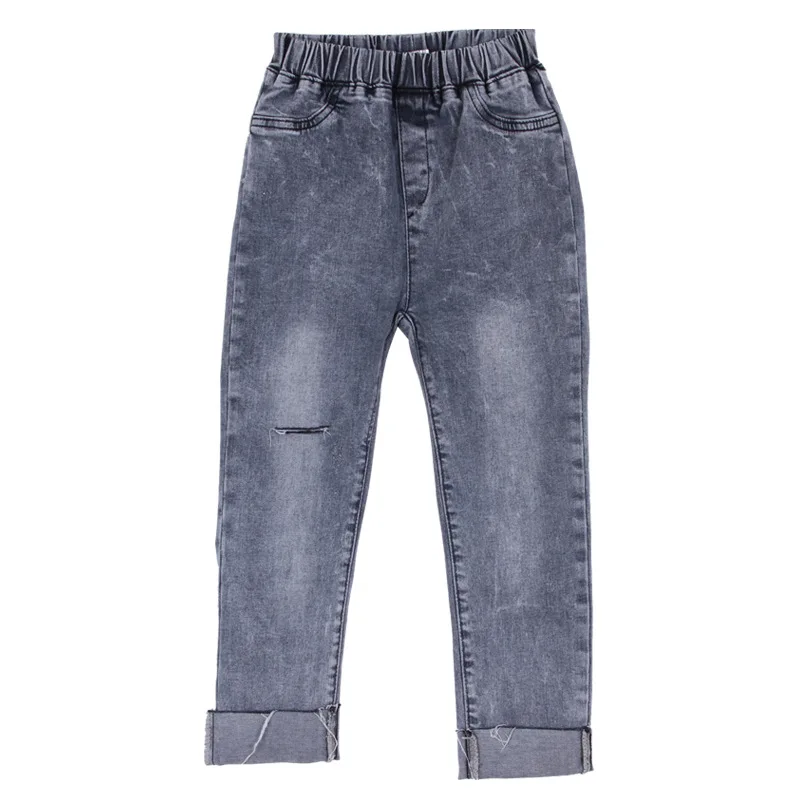 

Little Girl Jeans Elastic Waist Holes Nine Cent Grey Leisure Hole Trousers Can Be Worn All Season Comfortable Cotton Fitting