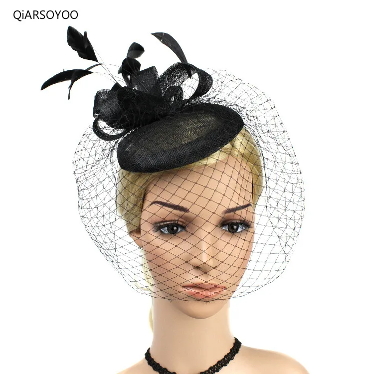 European England Elegant WOmen Sinamay Fedora Cap Feather Birdcage